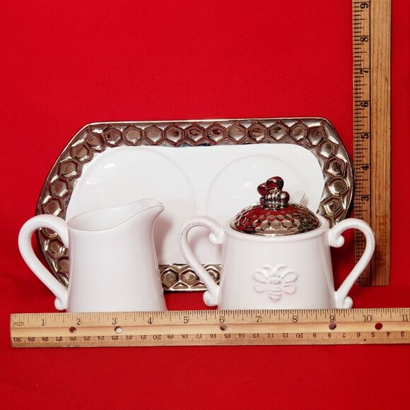 Honeycomb Bee Hive Creamer Pitcher Sugar Serving Spoon Set with Tray White Porce - Picture 7 of 12